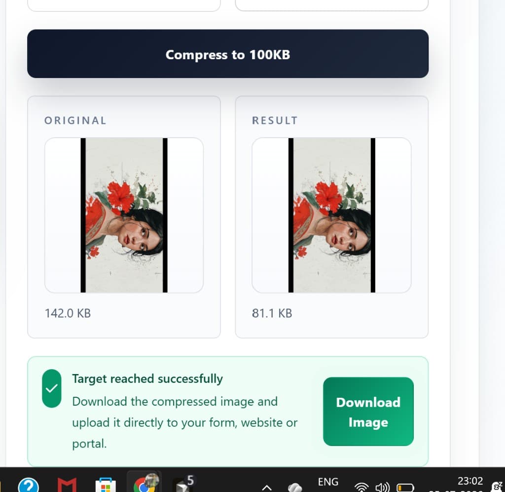 100 KB compressor showing Original 142 KB beside Result 81.1 KB with Target reached successfully and Download Image button